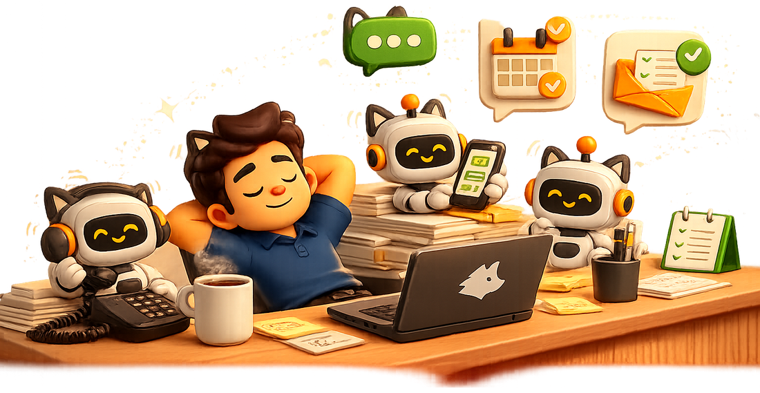 A business owner relaxing at his desk while AI assistants answer the phone, reply to messages and fill the calendar