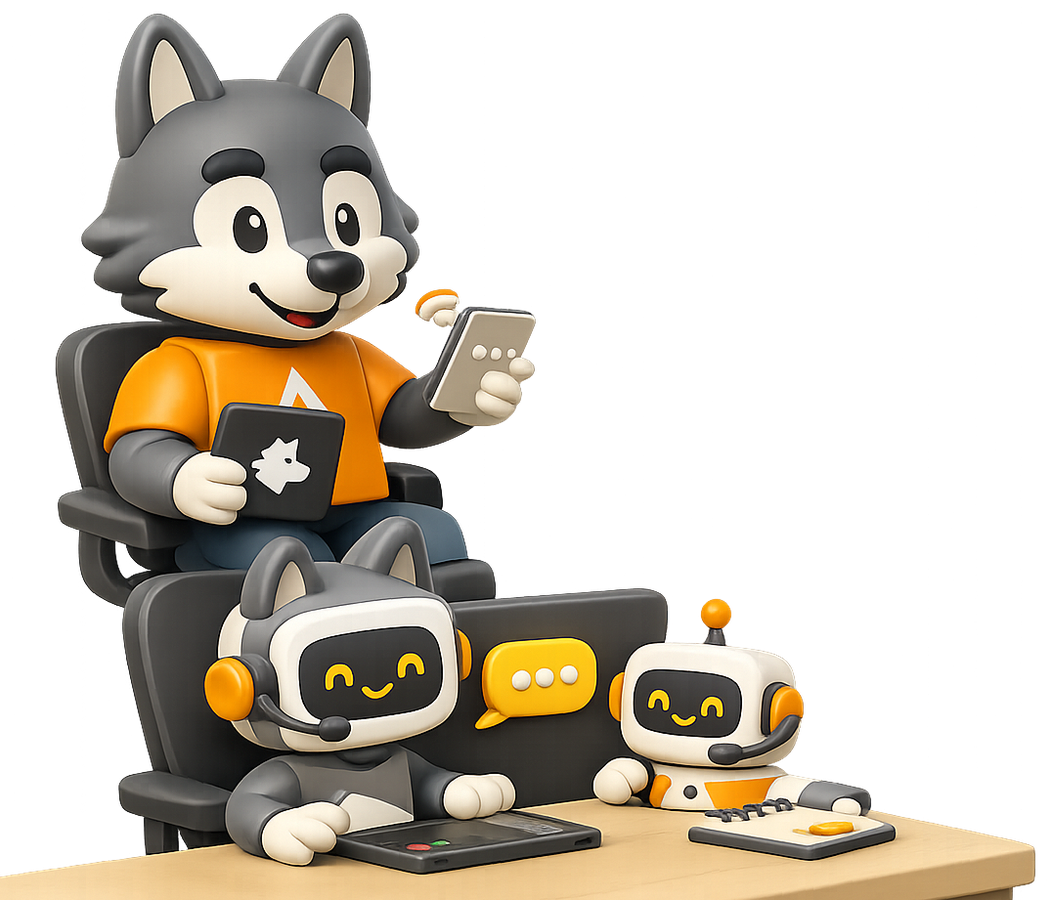 The Alcateia wolf delegating while AI assistants handle calls and messages