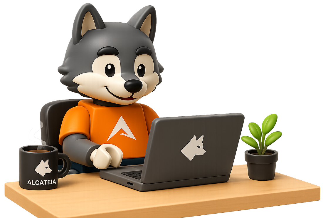 The Alcateia wolf working at a laptop